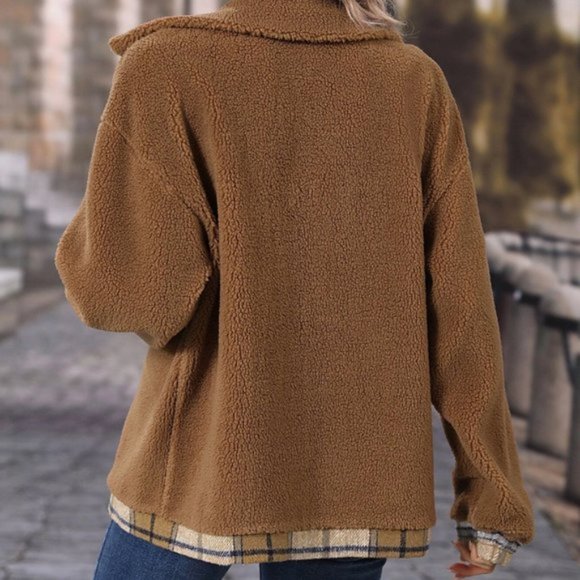 Plaid Panel Drop Shoulder Teddy Coat - Picture 4 of 5